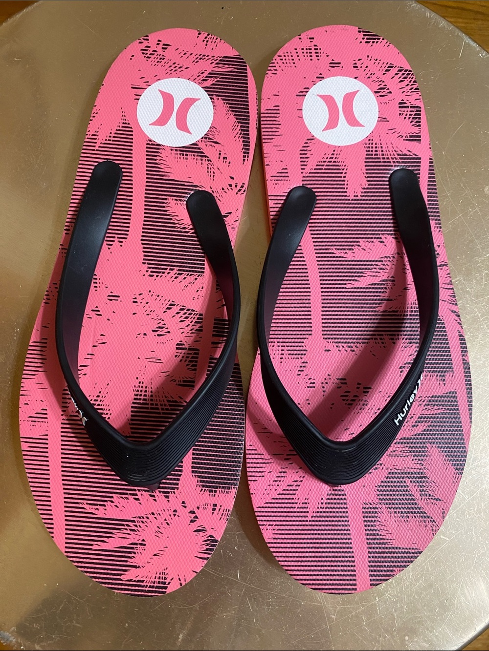 Hurley Pink Palm-Print Flip Flops with Black Straps